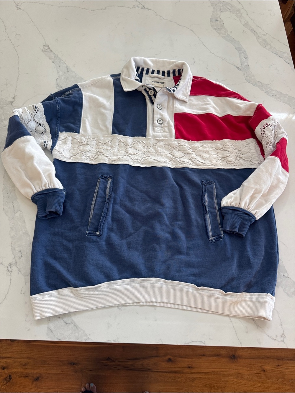 We The Free Navy White Red Striped Oversized Rugby Sweatshirt - Picture 3 of 4